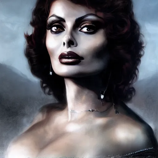 Image similar to closeup portrait of a young and beautiful sophia loren in gothic clothing, dramatic light, gorgeous view, depth, high detail, digital art, painted by greg rutkowski and seb mckinnon, by tim burton, trending on artstation