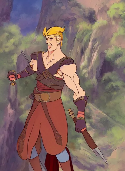 Image similar to official digital painting artwork of a male warrior character by don bluth, ross tran and studio ghibli.