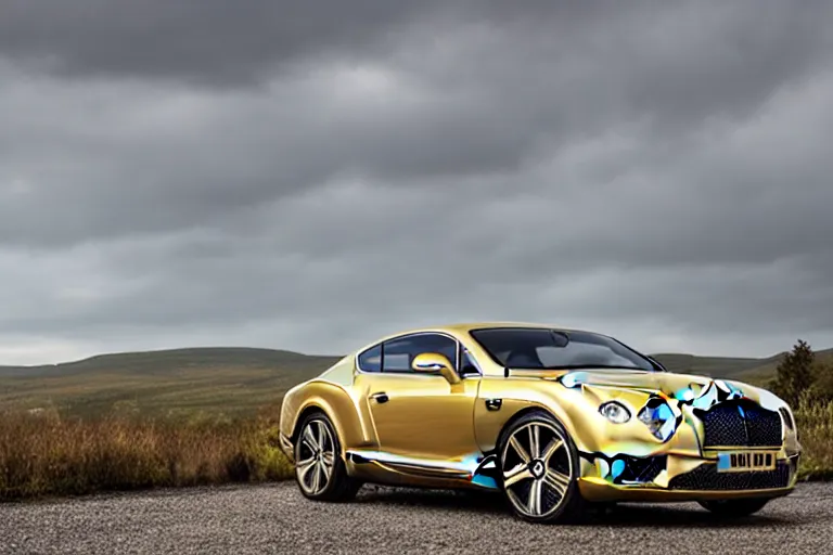 Image similar to Bentley Continental GT in shiny gold film drives along old Russian village road with houses houses around the edges