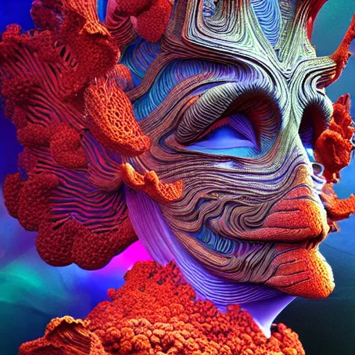 Image similar to Face of a Alien Deity, corals, plume made of fractals, extremly detailed digital painting, in the style of android jones, artwork of a futuristic artificial intelligence superstar, mystical colors, rim light, beautiful lighting, 8k, stunning scene, raytracing, octane, under water visual distortion, trending on artstation