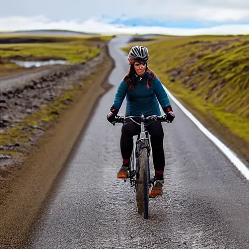 Image similar to A woman in north face clothes on a touring bike on a gravel road of Iceland. The bicycle has Vaude saddlebags.