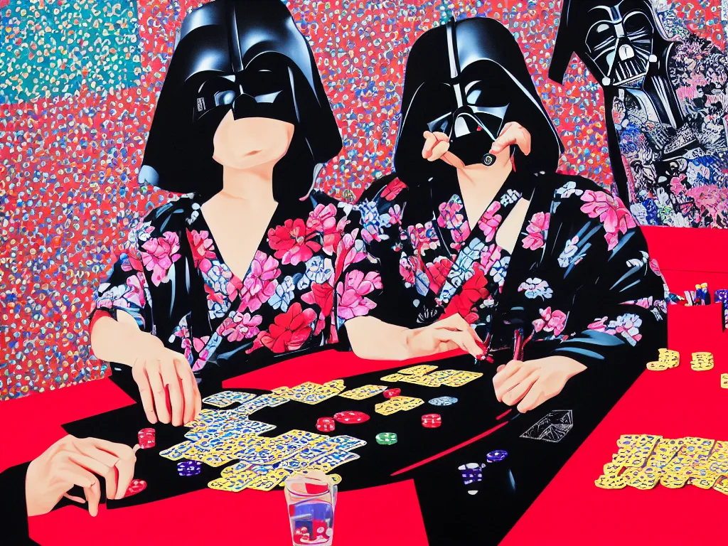 Image similar to hyperrealism composition of the detailed woman in a japanese kimono sitting at an extremely detailed poker table with darth vader, fireworks on the background, pop - art style, jacky tsai style, andy warhol style, acrylic on canvas