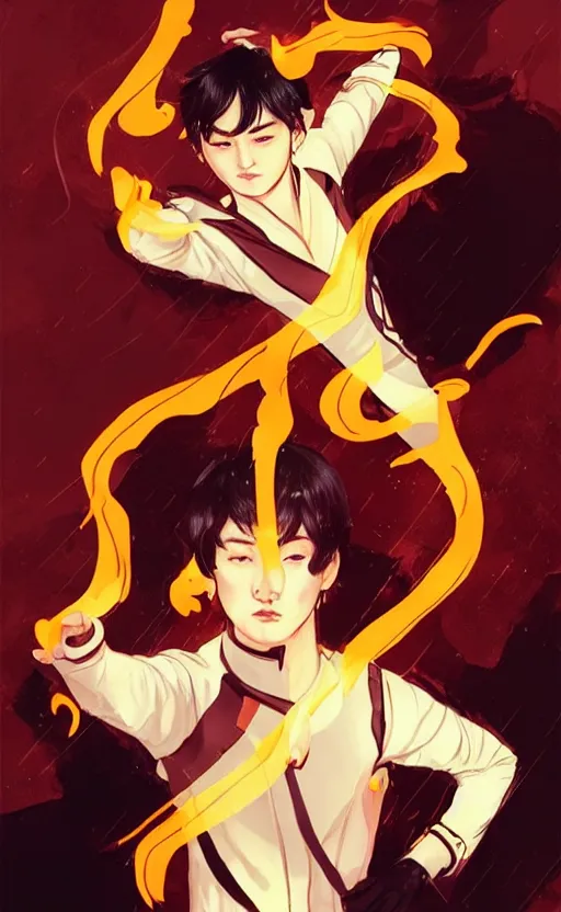 Image similar to MIN YOONGI is ZUKO, night time, dynamic lighting , looking at his FIRE SCAR reflection, +++ super super super dynamic posing, j.c. leyendecker, Valentina Remenar, thick eyebrows, super serious facial expression