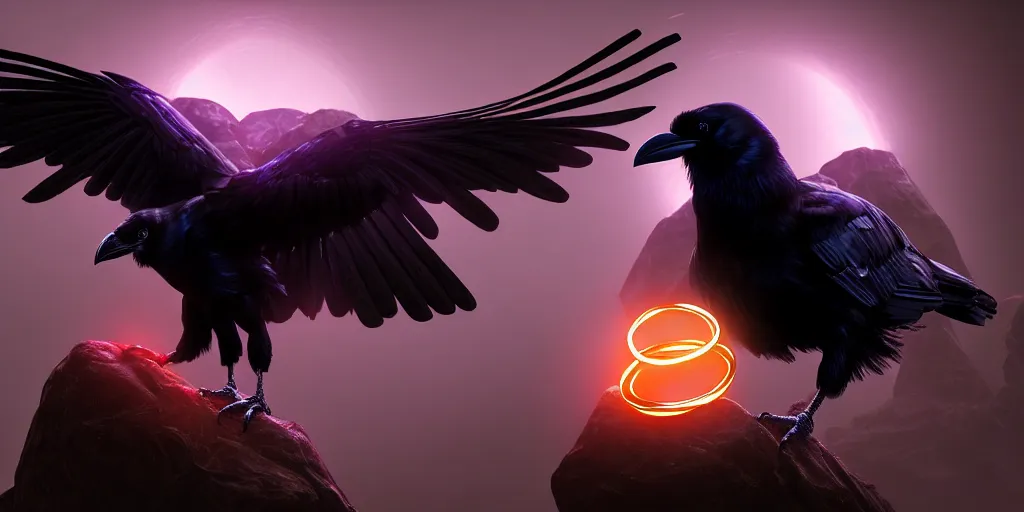 Image similar to black raven with glowing magic ring around neck stylized fantasy illustration HD, high quality, highly detailed, unreal engine, 4K quality