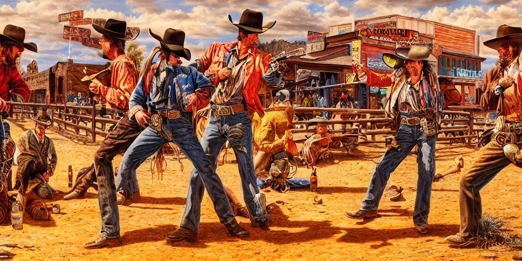 Image similar to photorealist painting of wild west western gunfight, cowboy shootout, vivid colors, warm colors, high production value, intricate details, high resolution, hyperrealistic, hdr, high definition, masterpiece, ultra realistic, highly detailed, hd, sharp focus, non blurry, sharp, smooth