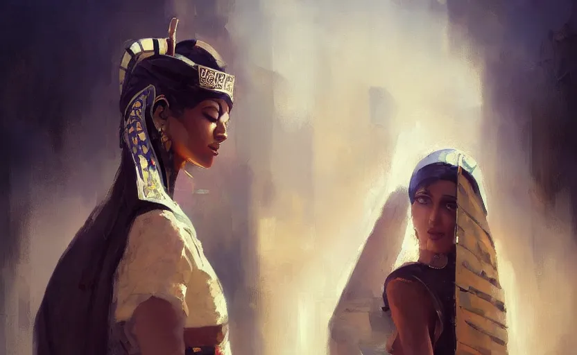 Prompt: A painting of a beautiful Egyptian woman trending on artstation in the style of Greg Rutkowski