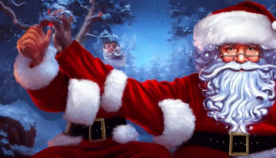 Prompt: Digital painting of Bob Ross as Santa Claus, hyperdetailed, artstation, cgsociety, 8k