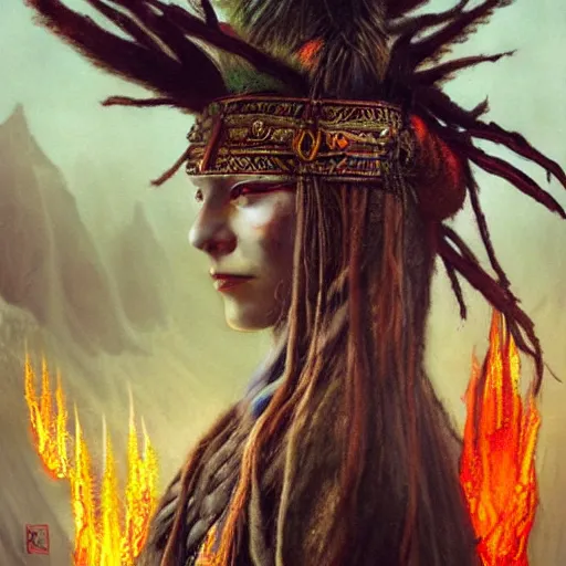 Prompt: matte painting of A young blindfolded shaman woman with a decorated headband from which blood flows, in the style of heilung, blue hair and wood on her head. The background is a forest on fire, made by karol bak and james gurney