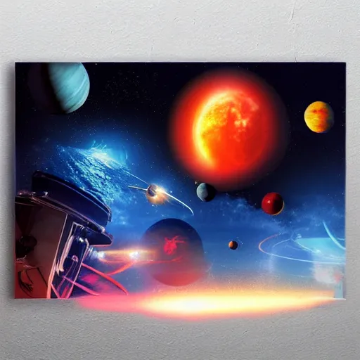 Image similar to planets in space, poster, album art, cover art, fantasy, queen, journey, starship band