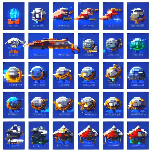 Prompt: video game sprite sheet of a spaceship