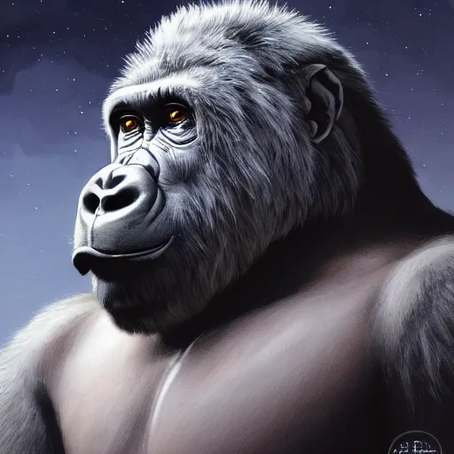 Image similar to detailed science - fiction character portrait of a silverback gorilla wearing a white armored space suit, intricate, wild, highly detailed, digital painting, artstation, concept art, smooth, sharp focus, illustration, art by artgerm and greg rutkowski and alphonse mucha