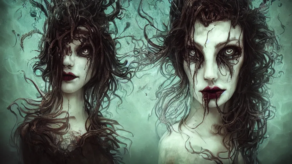 Prompt: Portrait of a woman underwater, fish hooks, seaweed, highly detailed, yuumei, Adam Duff lucidpixul, natural lighting, dark atmosphere, digital painting, creepy and dark feelings, Macabre, gothic, fantasy,