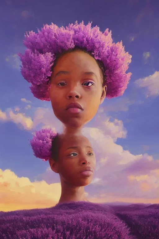 Image similar to portrait, giant lilac flower as head, black girl in heather field, surreal photography, golden hour, colorful clouds, impressionist painting, digital painting, artstation, simon stalenhag