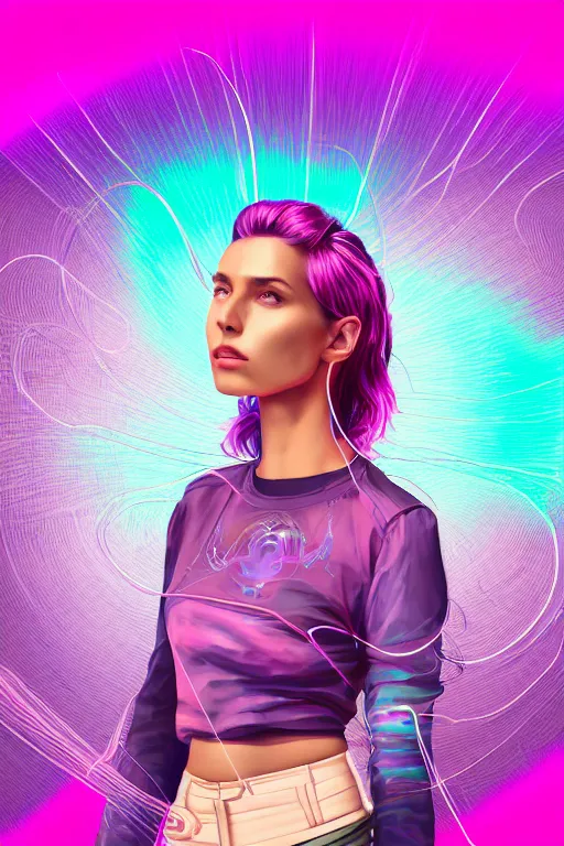 Image similar to a award winning half body portrait of a beautiful woman in a croptop and cargo pants with ombre purple pink teal hairstyle and hands in pockets by ari liloan, surrounded by whirling illuminated lines, outrun, vaporware, shaded flat illustration, digital art, trending on artstation, highly detailed, fine detail, intricate