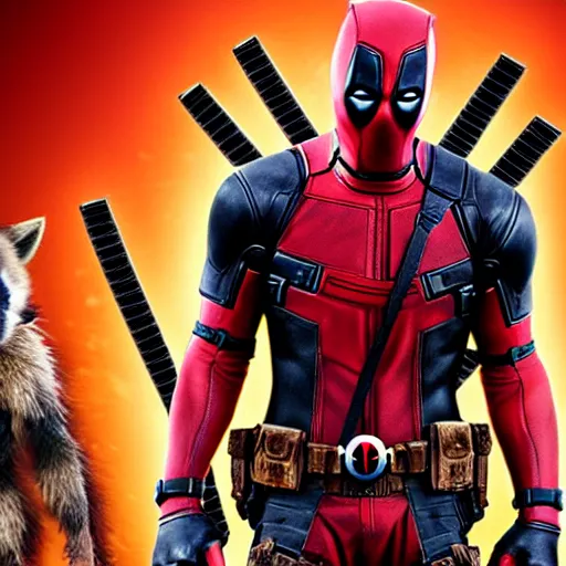 Image similar to deadpool and rocket raccoon together 4 k detailed super realistic