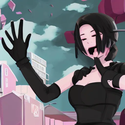 Image similar to girl, bare shoulders, detached sleeves, looking at viewer, open mouth, partially fingerless black gloves, background, red eyes, short hair, white hair, white shirt, white sleeves, wolf ears, by sophie anderson, vaporwave colors, lo - fi, concept art, smooth, detailed, toon shading, cel shading, animation, 4 k, hd