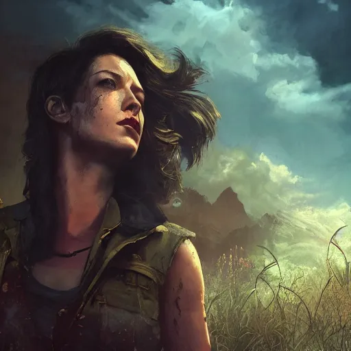 Image similar to fallout 5, charismatic beautiful rugged brunette female protagonist, portrait, outdoors tropical cityscape, atmospheric lighting, painted, intricate, volumetric lighting, beautiful, daytime, sunny weather, few clouds, sharp focus, deep colours, ultra detailed, by leesha hannigan, ross tran, thierry doizon, kai carpenter, ignacio fernandez rios