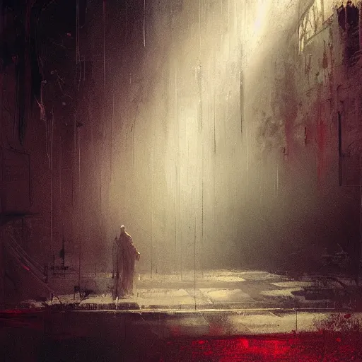 Image similar to Christ coming up from beneath blood red water, his eyes fixed toward the sky, his mouth agape, the sky is dark with god rays filtering through in the distance, a crowd looks on in silence in the far background, by Jeremy Mann, stylized, detailed, realistic, loose brush strokes