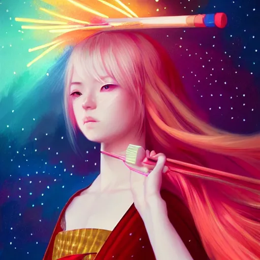 Image similar to colorful and festive captivating teenager girl with blonde hair, red japanese traditional clothes, shooting a firework with bow and arrow at the sky. rich vivid colors, ambient lighting, dynamic lighting, 4 k, atmospheric lighting, painted, intricate, highly detailed by charlie bowater