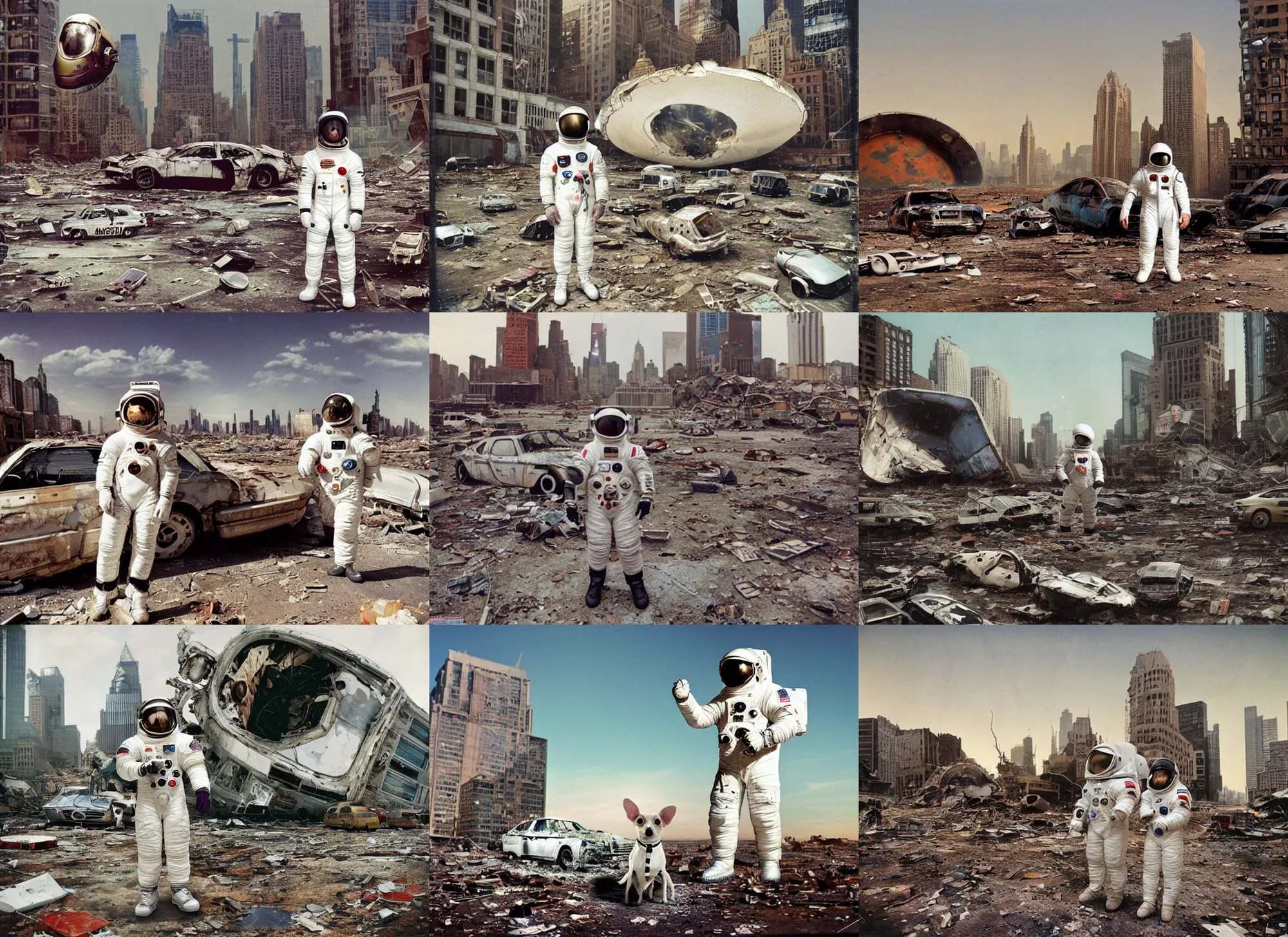 Prompt: american white spacesuit astronaut with oversized helmet and chihuahua in postapocalyptic abandoned destroyed times square, wrecked buildings, destroyed flipped wrecked cars, giant crater in distance, polaroid photo, vintage, neutral colors, by gregory crewdson