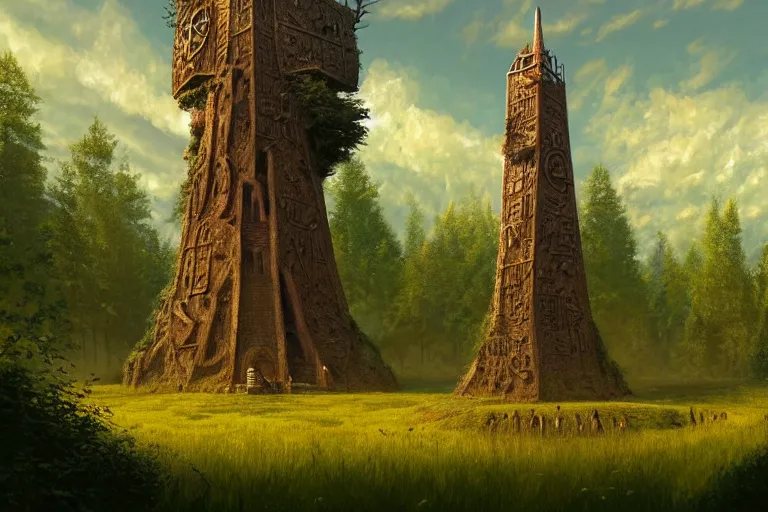 Image similar to a wizard's tower standing alone in a circle of trees, meadow, plains, wizard tower, golden runes, golden hieroglyphs, fantasy, artwork by Marc Simonetti, artwork by Ted Nasmith, Ted Nasmith and Marc Simonetti, 8K, D&D concept art, D&D wallpaper