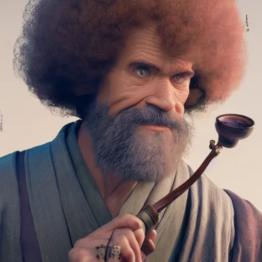 Prompt: an ultra detailed matte painting of bob ross smoking a pipe and dressed as a wandering ronin samurai, d & d, epic fantasy, concept art by alphonse mucha and greg rutkowski, octane render, 8 k, detailed face