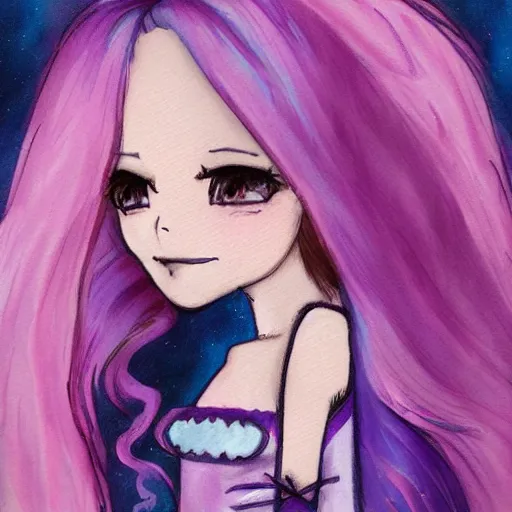 Image similar to little girl with eccentric pink hair wearing a dress made of purple feather, art by dcwj