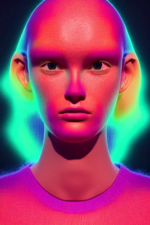 Image similar to stylish pullover for a rave bright colors, many details, photo for a magazine, photo for a store, fashion photography, Vogue, cinematic, hyper realism, high detail, octane render, 8k, very coherent symmetrical work, perfect face model, full length photo, Upper and lower body,Soft shadows on the face, white eyes, photographer style by Nik Night Erik Madigan Hec and Walter Chin and Camilla Akrans and Miles Aldridge