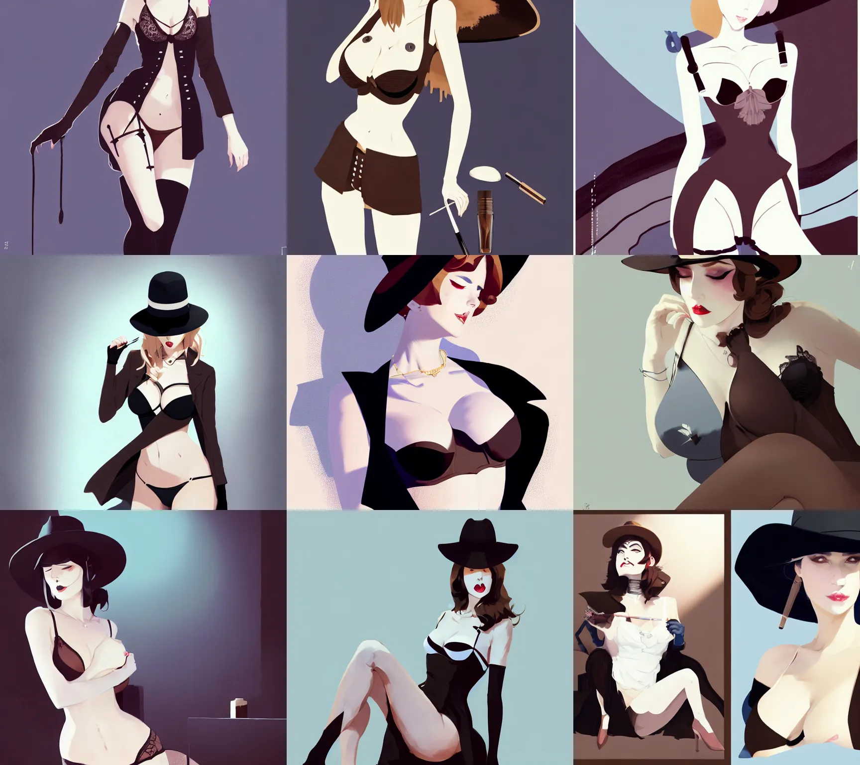 Prompt: lady with eyeliner makeup from genshin impact in fedora hat and black coat, seductive lingerie camisole by atey ghailan, by greg rutkowski, by greg tocchini, by james gilleard, by joe fenton, by kaethe butcher, by ashley wood, dynamic lighting, gradient light blue, brown, blonde cream and white color scheme, grunge aesthetic