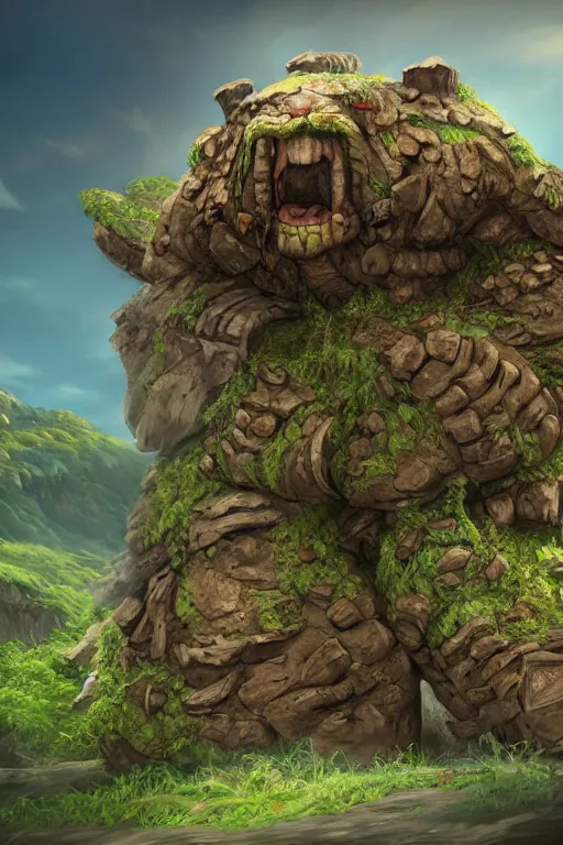 Image similar to zelda fantasy art giant golem troll wood rock greeble gemstone, global illumination ray tracing hdr fanart arstation by sung choi and eric pfeiffer and gabriel garza and casper konefal