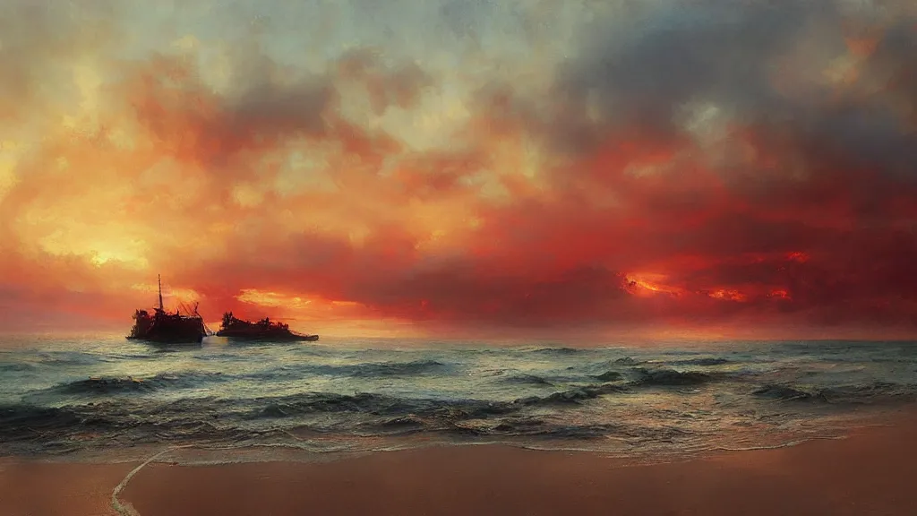 Prompt: red skies and blue oceans by ruan jia, landscape,