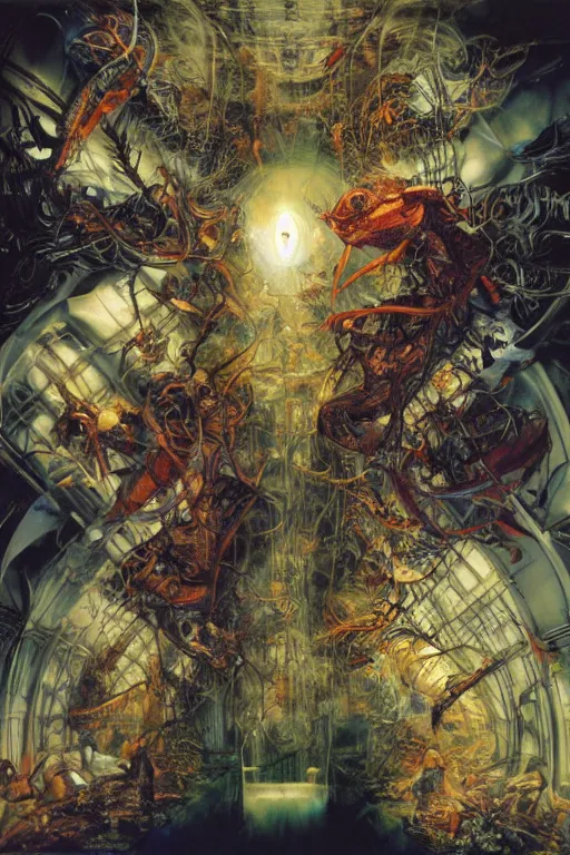 Prompt: the miracle of life, sounded by giant cockroaches, inside a space ship by ayami kojima, karol bak, greg hildebrandt, and mark brooks, gerhard richter hauntingly surreal, gothic, rich deep colors.