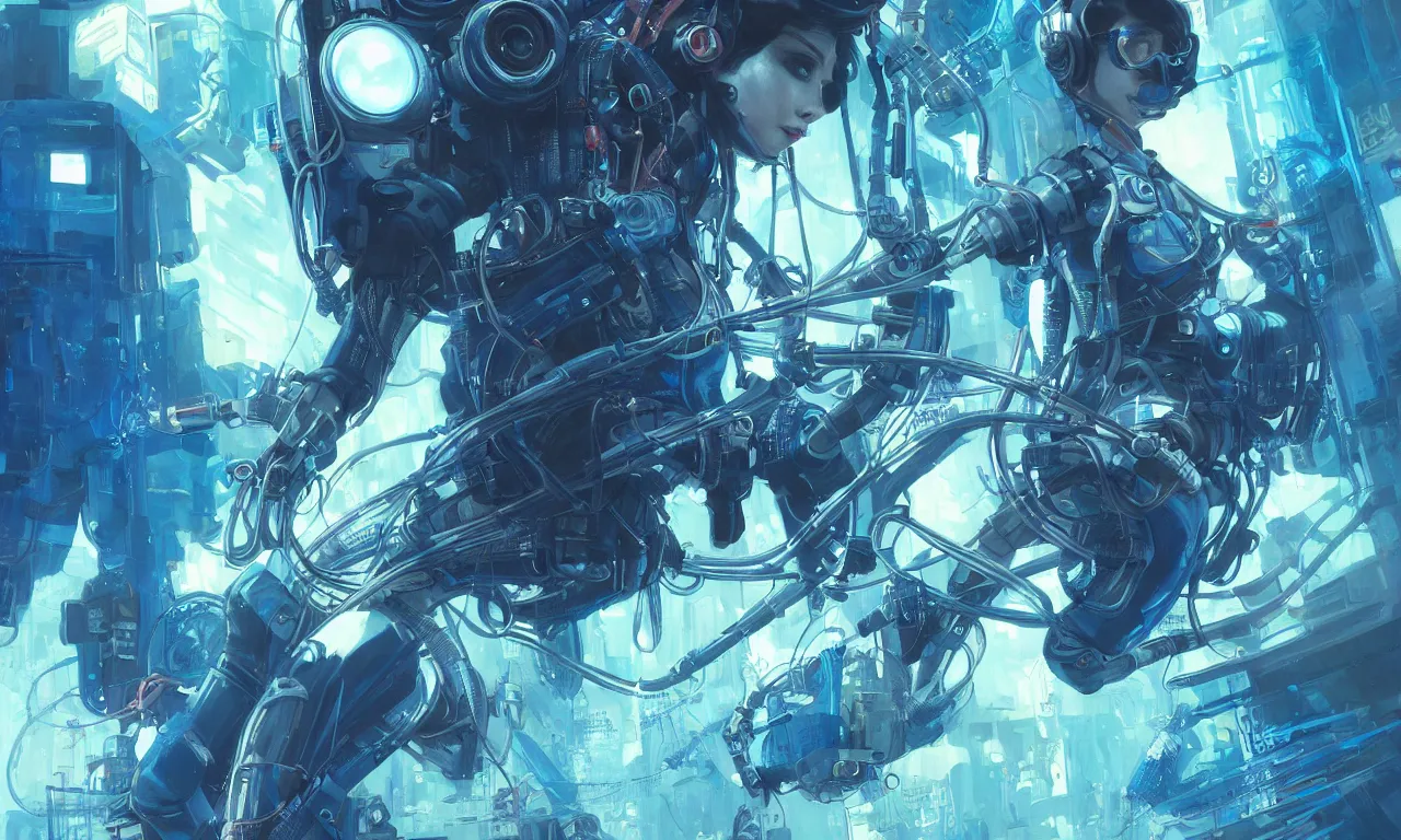 Prompt: a hyper detailed painting of a cyberpunk scuba girl, cables everywhere, blue tones, underwater, highly detailed, digital painting, artstation, concept art, smooth, sharp focus, illustration, art by artgerm and greg rutkowski and alphonse mucha