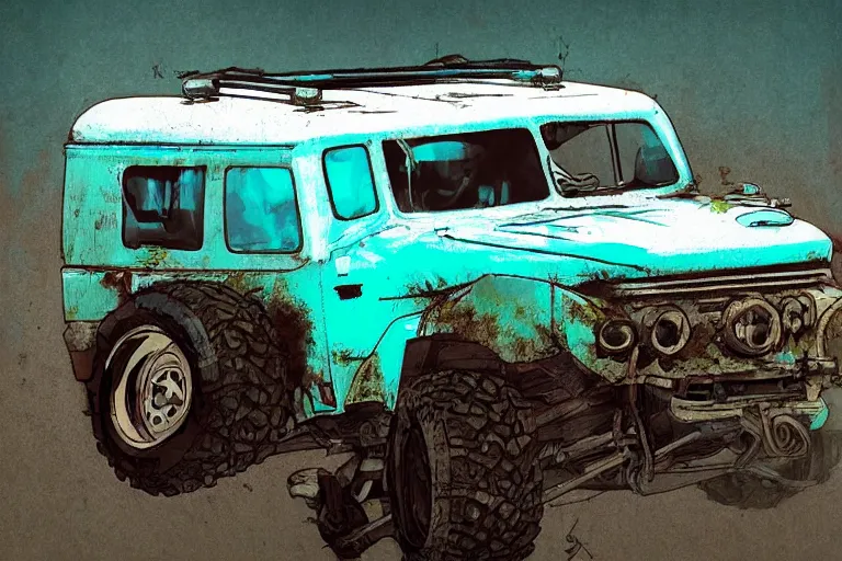 Image similar to digital illustration of a faded cyan mad max's fj 4 0 decrepit!!!! pursuit special, rusty!!! cyberpunk nissan fj cruiser heavily modded 1 9 9 0 s, the last v 8 interceptor by makoto shinkai, ilya kuvshinov, lois van baarle, rossdraws, basquiat