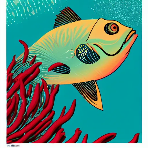 Image similar to one stylized fish with saturated colors in the ocean viewed in profile, seaweed, background with complex patterns and muted colors, sparkles, artstation, intricate, realistic, highly detailed, digital painting, concept art, sharp focus, illustration by tom whalen and charles williams and kilian eng and james jean