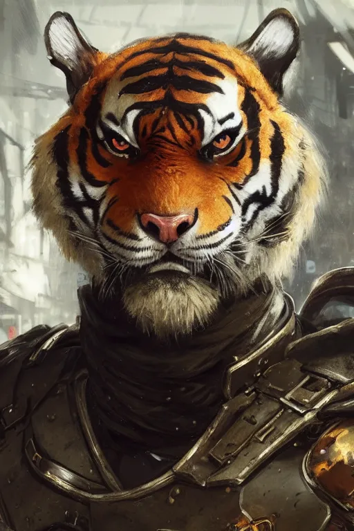 Image similar to portrait male anthro tiger dressed in military clothes character full body precis no blur, concept art, character sheet, nier automata, gaston bussiere, greg rutkowski, tsutomu nihei, cyberpunk, trending on artstation, featured on pixiv, hyper detail, cinematic composition, 8 k, detailed face