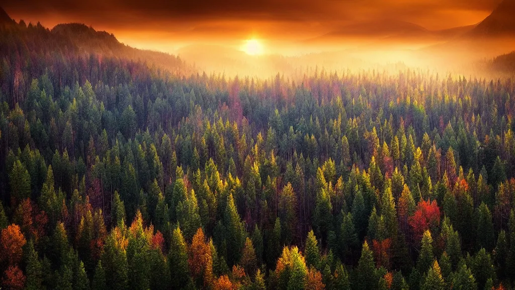 Image similar to amazing landscape photo of a forest in sunset by marc adamus, beautiful dramatic lighting