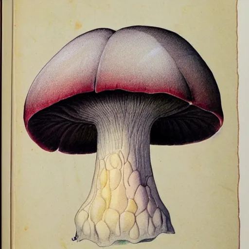 Image similar to botanical illustration of an alien mushroom. naturalist color illustration, textbook drawing, drawn on vellum, detailed illustration, nobel prize