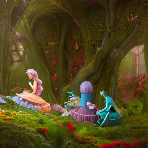 Prompt: alice in wonderland, without people, art nouveau, by rachel ruysch and lisa frank, 8 k, sharp focus, octane render