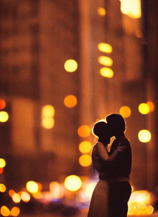 Image similar to a 2 8 mm macro photo of a couple kissing in the city in silhouette in the 1 9 7 0 s, bokeh, canon 5 0 mm, cinematic lighting, dramatic, film, photography, golden hour, depth of field, award - winning, 3 5 mm film grain, low angle