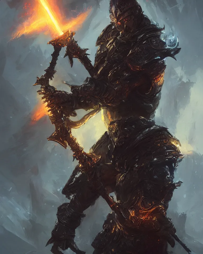 Image similar to portrait of a fantasy paladin wielding a sword with black flames, intricate baroque armour, glowing aura, trending on artstation, 4 k, greg rutkowski, concept art, matte painting