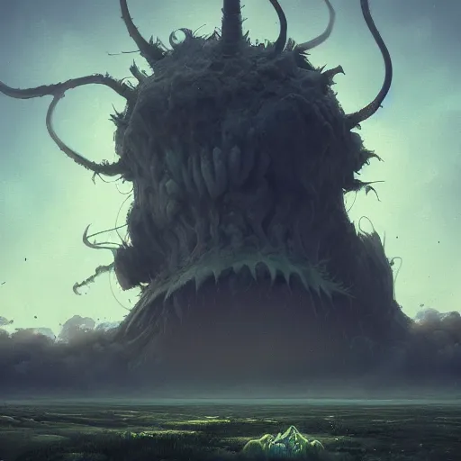 Prompt: a digital painting of a gigantic big enormous humanoid monster standing in the sky, concept art by simon stalenhag and peter mohrbacher cgsociety, vanitas, ominous, lovecraftian, speedpainting, apocalypse art. mist. unreal engine. hyper - realistic. photo realistic. octane render. detailed masterpiece. extreme wide shot. dutch tilt