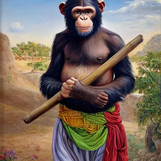 Image similar to beautiful painting by sophie anderson of a chimpanzee wearing traditional men kurdish clothes baggy pants and white shirt with a large sash tied around the waist in a kurdish village, award winning art, insanely detailed, bright colors, global illumination, cute, young, stunning