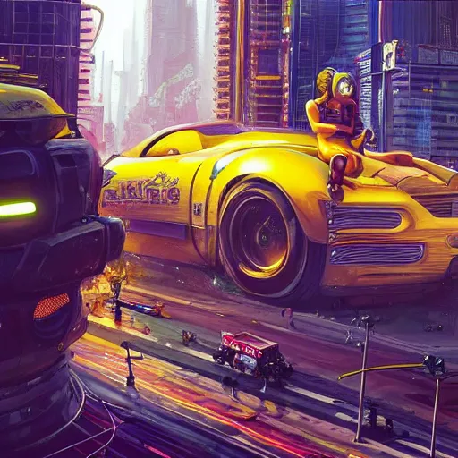 Image similar to an epic painting of giant yellow minion, destroying cyberpunk megapolis, oil on canvas, perfect composition, golden ratio, beautiful detailed, photorealistic, digital painting, concept art, smooth, sharp focus, illustration, neon lights, cyberpunk 2 0 7 7, artstation trending, octane render, unreal engine