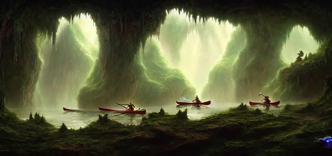 Prompt: video game concept art matte painting of elves canoeing underground through the glow worm caves in the style of stefan kostic, realistic, sharp focus, 8 k high definition, insanely detailed, intricate, mysterious, art by stanley lau and artgerm and luis royo