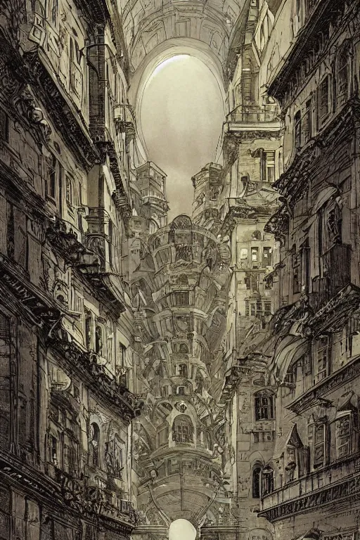 Image similar to portal to a baroque city in a parallel universe; by François Schuiten, by Giovanni Battista Piranesi, by Pendleton Ward