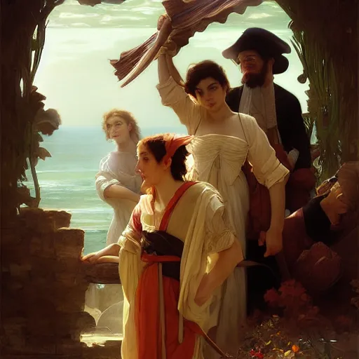 Prompt: Pilgrims crossing the Atlantic to the new world masterpiece 4k digital illustration by Ruan Jia and Mandy Jurgens and Artgerm and william-adolphe bouguereau, award winning, Artstation, art nouveau aesthetic, Alphonse Mucha background, intricate details, realistic, panoramic view, Hyperdetailed, 8k resolution, intricate art nouveau