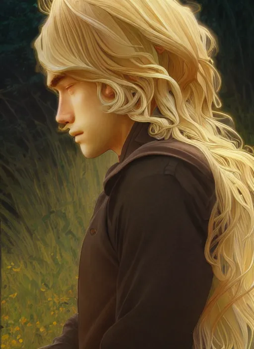 Image similar to pretty young man with shoulder length shiny shimmering golden blond hair, path traced, highly detailed, high quality, digital painting, by studio ghibli and alphonse mucha, leesha hannigan, beautiful details, soft and warm