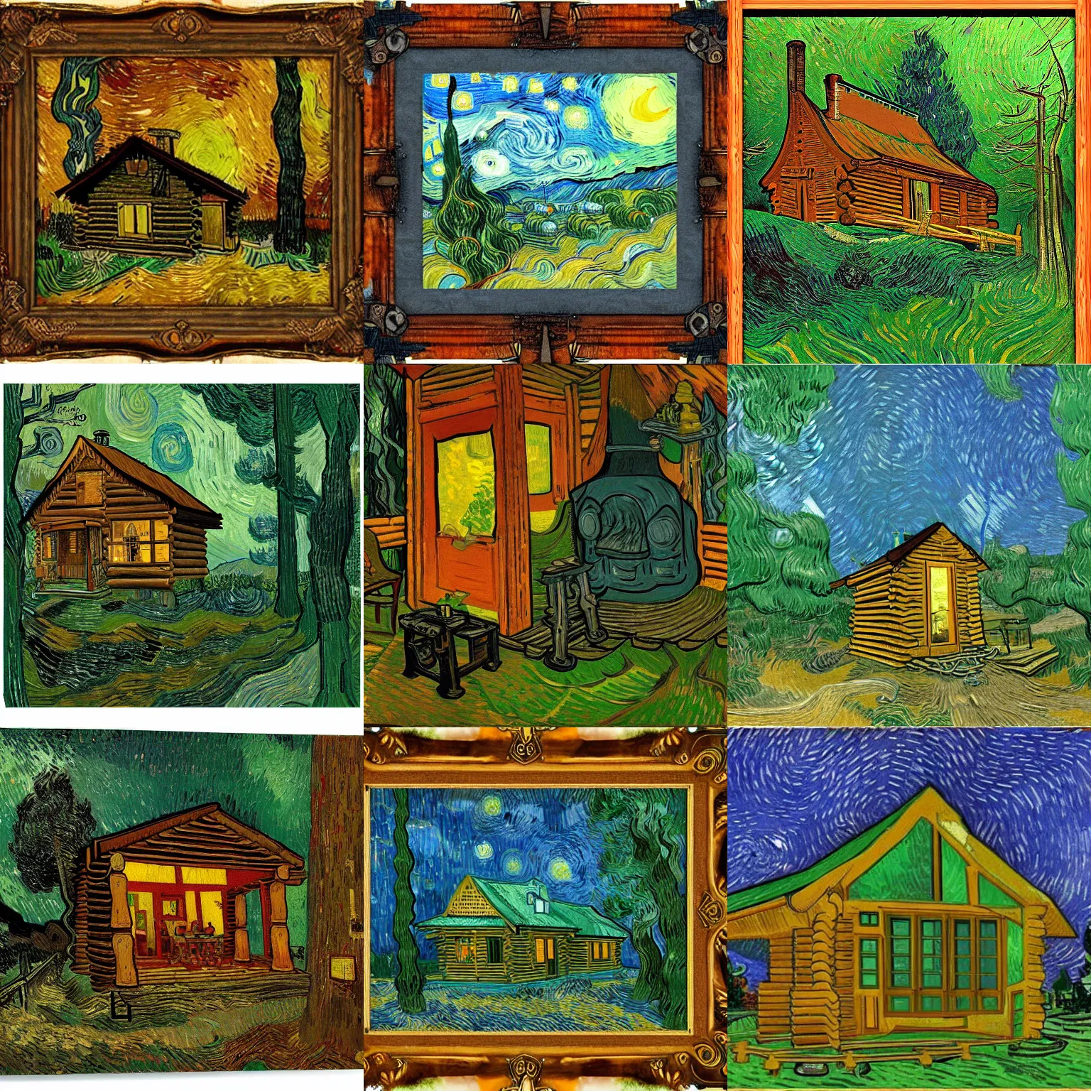 Prompt: [ a log cabin in the forest ] [ van gogh ] [ steampunk ]