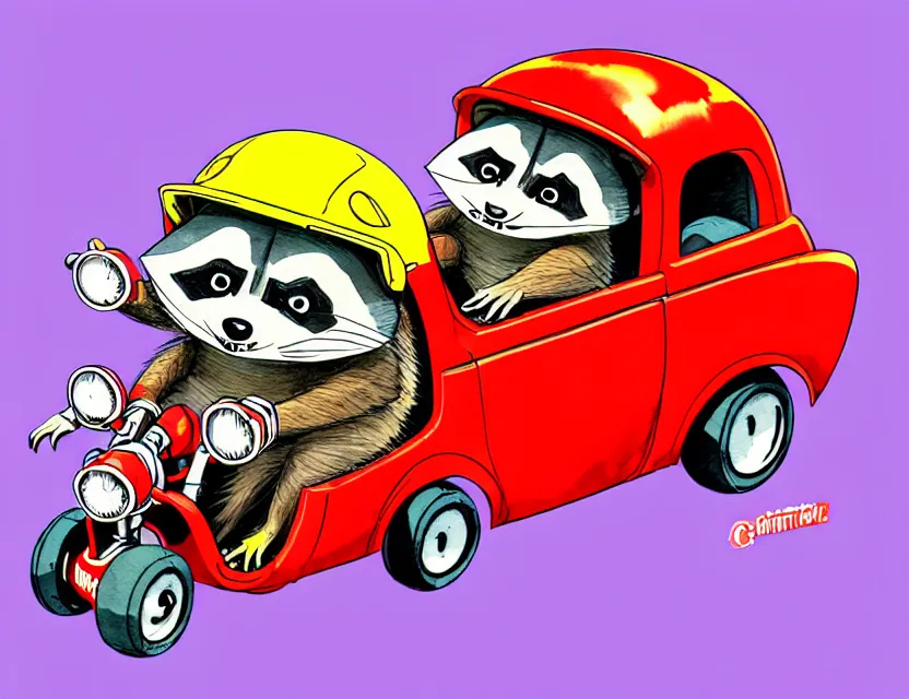 Image similar to cute and funny,'racoon wearing a red helmet'riding in a tiny hot rod with oversized engine, ratfink style by ed roth, centered award winning watercolor pen illustration, isometric illustration by chihiro iwasaki, edited by range murata, tiny details by artgerm and watercolor girl, symmetrically isometrically centered